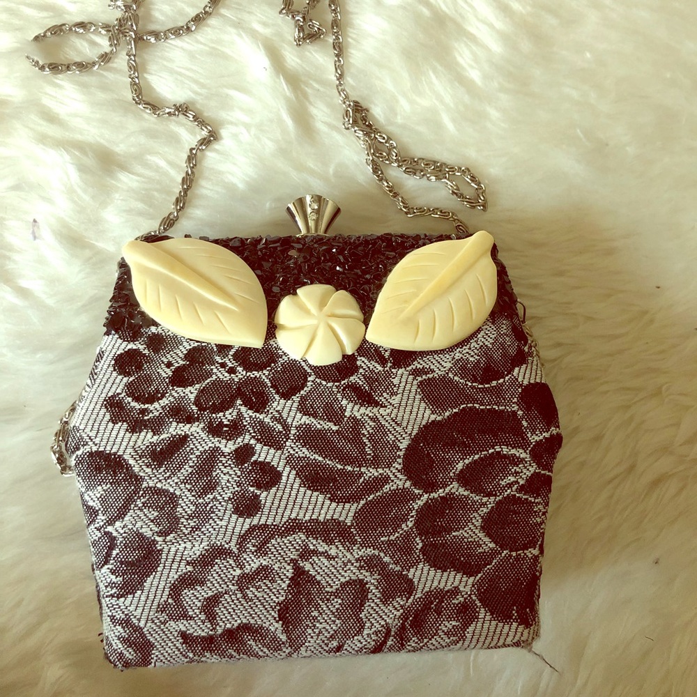 Black Floral Beaded Vintage Clutch Purse Bag Ivory